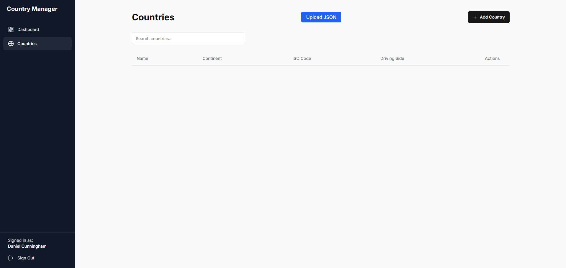 Screenshot of countries page of internal tool